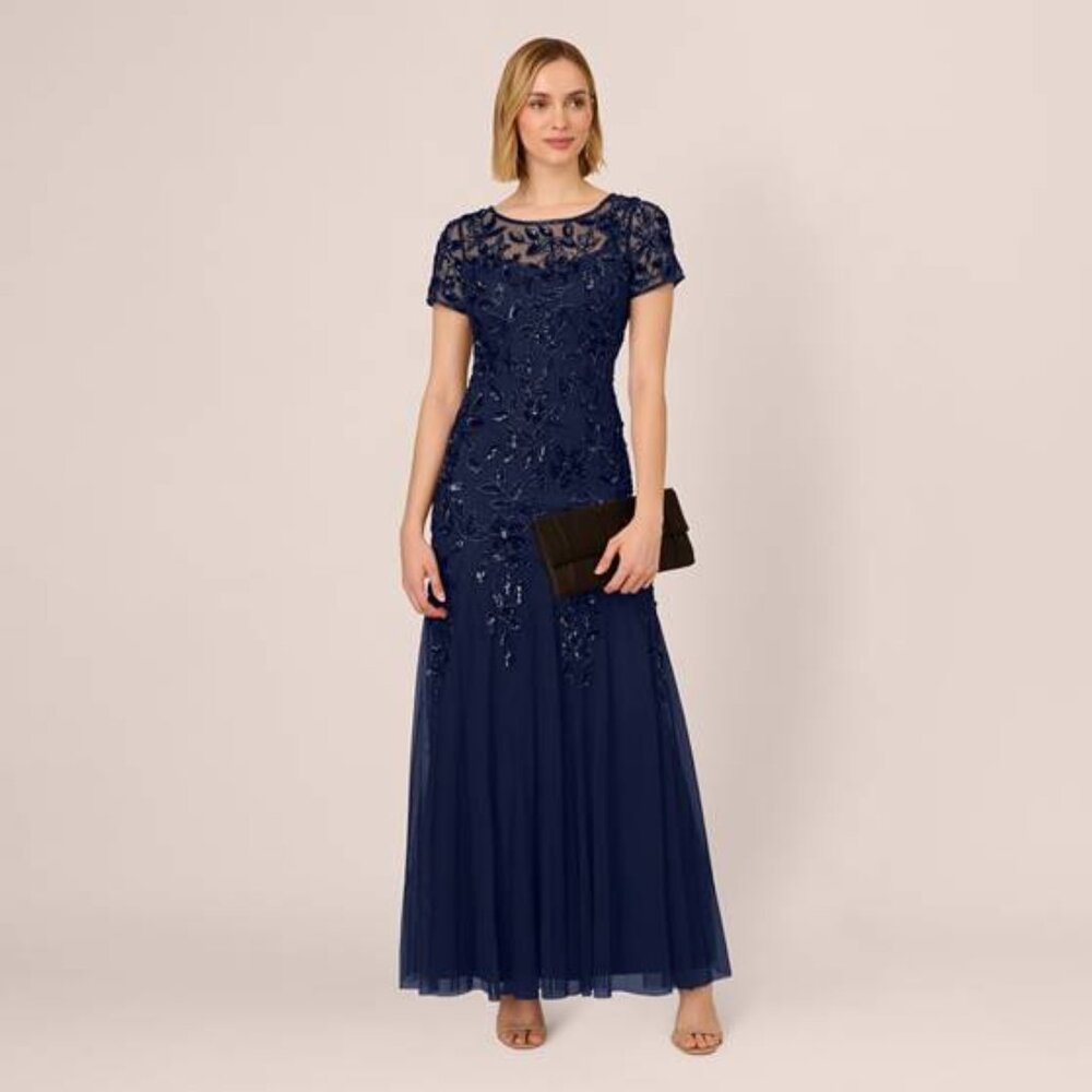 Hand Beaded Short Sleeve Floral Godet Gown In Light Navy by Adrianna Papell